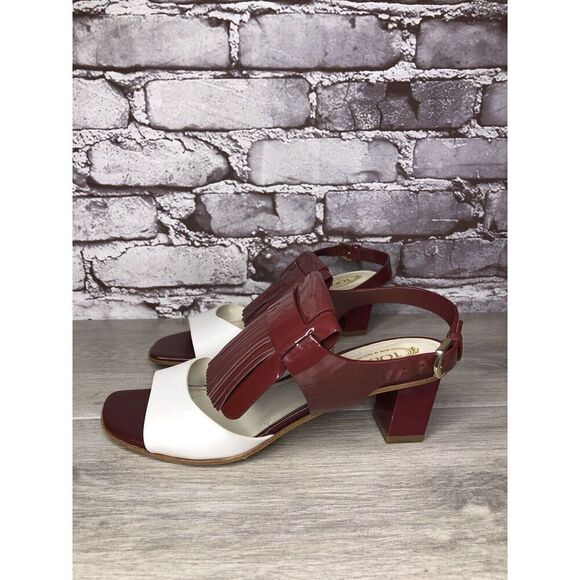 TOD'S Burgundy Patent Leather White Open Toe Heel Strap Sandals Women 35.5EU/5US - Picture 12 of 16